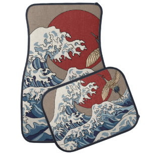 Crane and Japanese wave illustration Traditional C Car Floor Mat