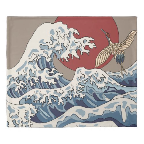 Crane and Japanese wave illustration Traditional C Duvet Cover