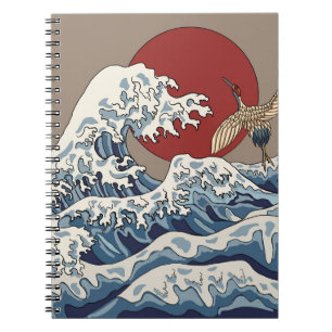 Crane and Japanese wave illustration Traditional C Notebook