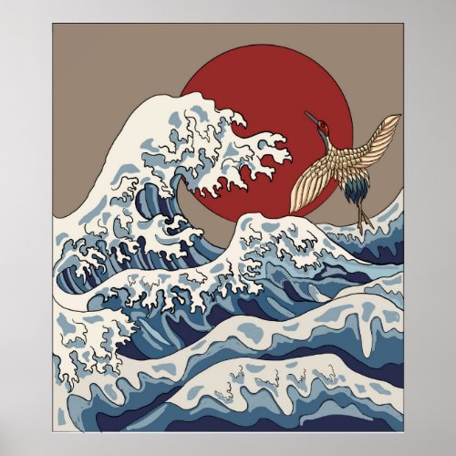 Crane and Japanese wave illustration Traditional C Poster