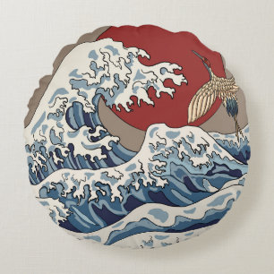 Crane and Japanese wave illustration Traditional C Round Pillow