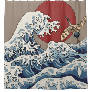 Crane and Japanese wave illustration Traditional C Shower Curtain