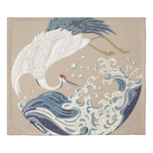 Crane and Japanese wave illustration. Traditional Duvet Cover