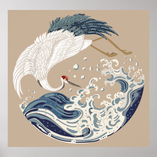 Crane and Japanese wave illustration. Traditional  Poster (Front)