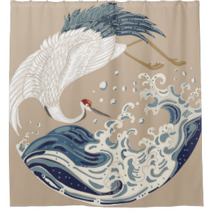 Crane and Japanese wave illustration. Traditional Shower Curtain
