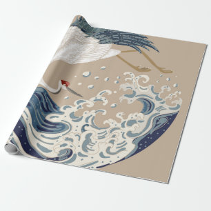 Crane and Japanese wave illustration. Traditional  Wrapping Paper