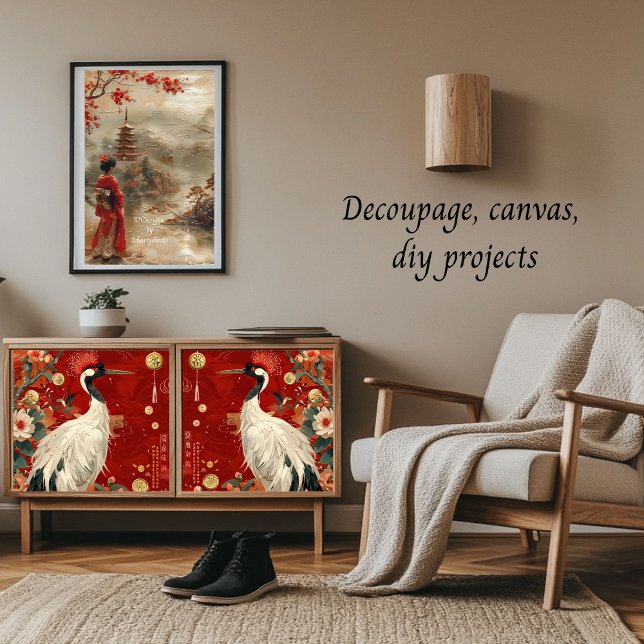 Crane and Lady of Oriental Style Decoupage  Wrapping Paper Sheets (Creator Uploaded)