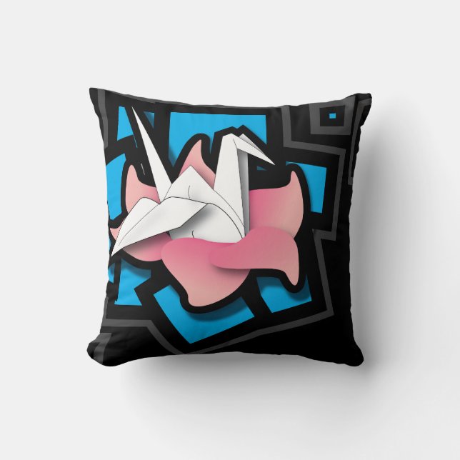 Crane Art on Black Throw Pillow (Front)