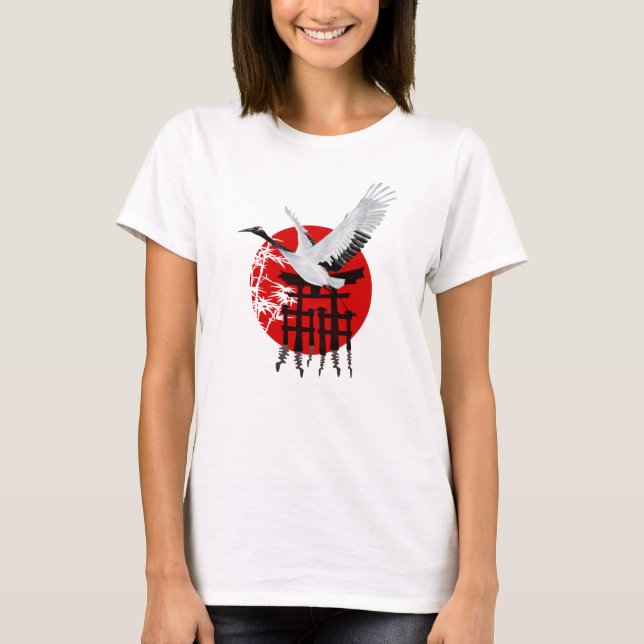 Crane, bamboo, and tori in front of red sun T-Shirt (Front)