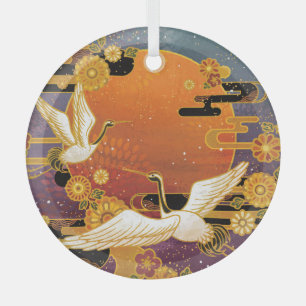 Crane Bird Chrysanthemum Japanese Pattern Glass Ornament