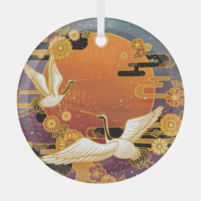 Crane Bird Chrysanthemum Japanese Pattern Glass Ornament (Front)