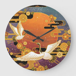 Crane Bird Chrysanthemum Japanese Pattern Large Clock