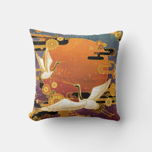 Crane Bird Chrysanthemum Japanese Pattern Throw Pillow