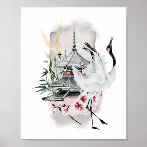 Crane Bird Japanese Artwork Poster