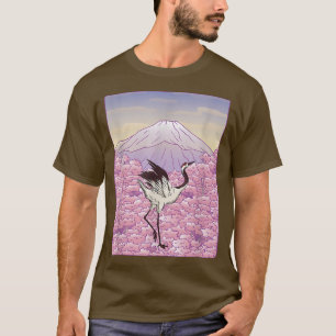Crane Bird Japanese Sakura Tree Cherry Blossom Flo T-Shirt