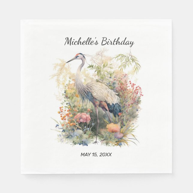 Crane Bird Leaves Foliage Floral Birthday Napkins (Front)