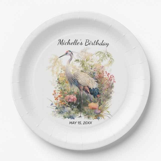 Crane Bird Leaves Foliage Floral Birthday Paper Plates (Front)