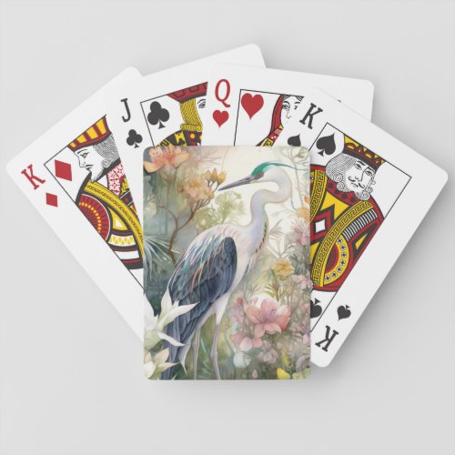 Crane Bird Nature Wildflowers Painting Poker Cards