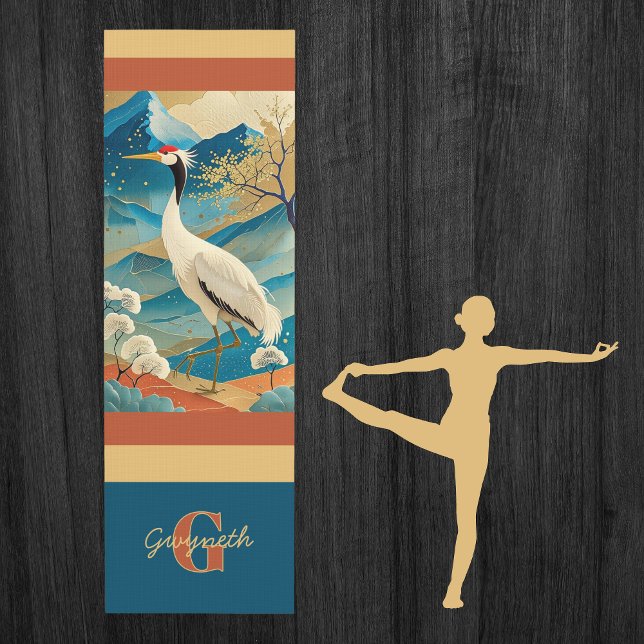 Crane Bird with Mountains and Fall Trees Japanese Yoga Mat (Creator Uploaded)