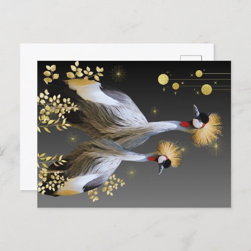 Crane birds with golden codend postcard