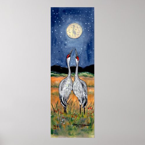 Crane Couple Watching Moon Poster Navy Stars Night