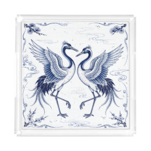 Crane Dance Japanese Imari Ware Style Blue White Acrylic Tray