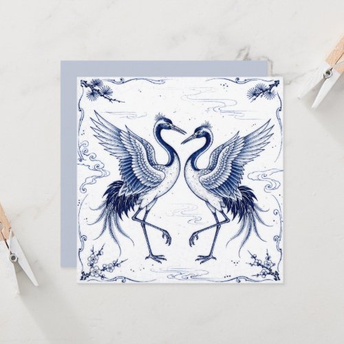 Crane Dance Japanese Imari Ware Style Blue White Card
