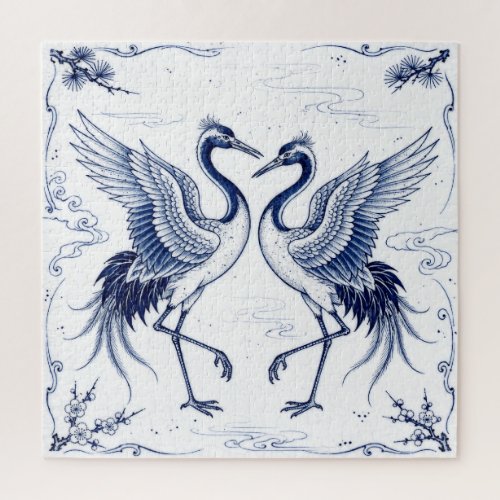 Crane Dance Japanese Imari Ware Style Blue White Jigsaw Puzzle