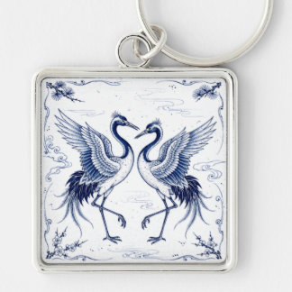 Crane Dance Japanese Imari Ware Style Blue White Keychain