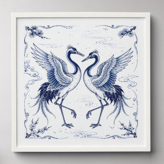 Crane Dance Japanese Imari Ware Style Blue White Peel And Stick Photo Tile
