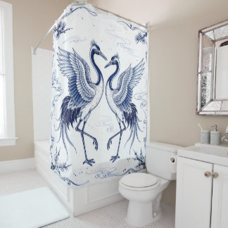 Crane Dance Japanese Imari Ware Style Blue White Shower Curtain