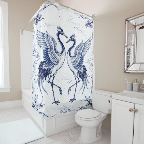 Crane Dance Japanese Imari Ware Style Blue White Shower Curtain