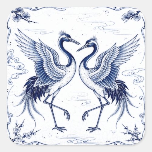 Crane Dance Japanese Imari Ware Style Blue White Square Sticker