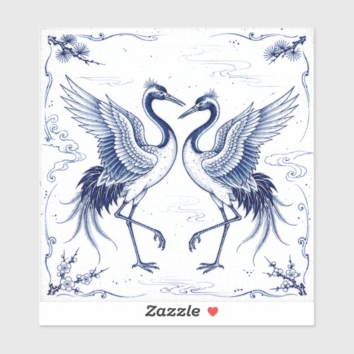 Crane Dance Japanese Imari Ware Style Blue White Sticker