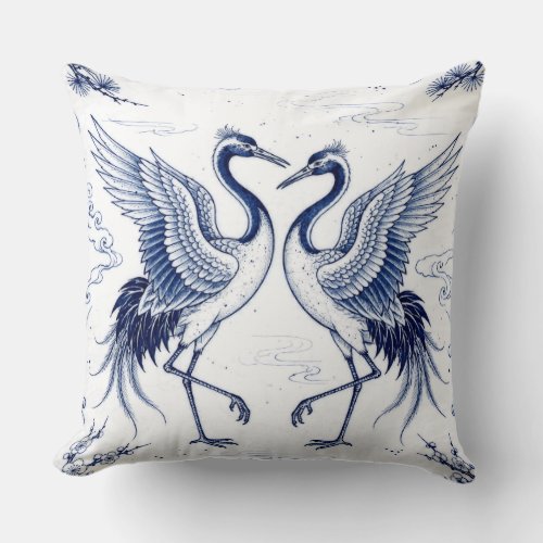 Crane Dance Japanese Imari Ware Style Blue White Throw Pillow
