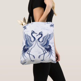 Crane Dance Japanese Imari Ware Style Blue White Tote Bag