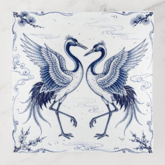 Crane Dance Japanese Imari Ware Style Blue White Trinket Tray