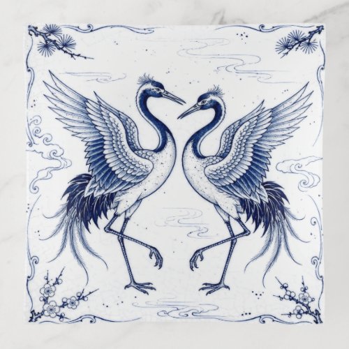 Crane Dance Japanese Imari Ware Style Blue White Trinket Tray