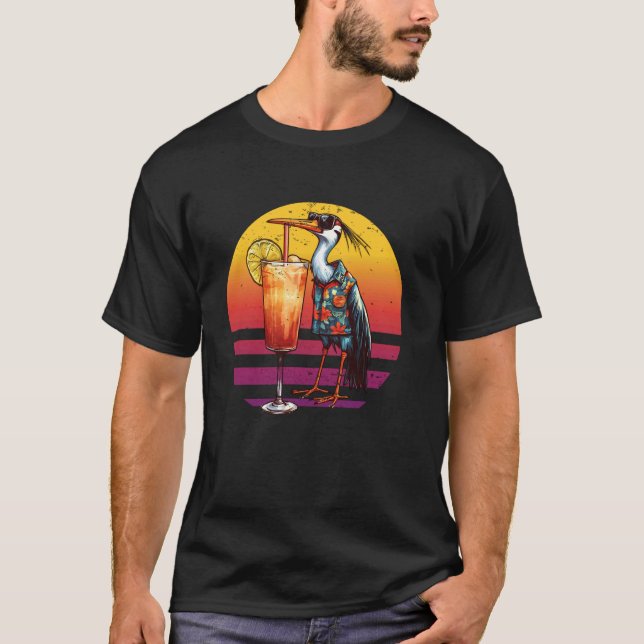 Crane Drinking Cocktail Summer Hawaiian Bird Vinta T-Shirt (Front)