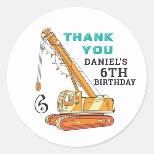 Crane Excavator Construction Kids Birthday Party Classic Round Sticker