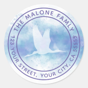Crane heron blue purple watercolor return address classic round sticker