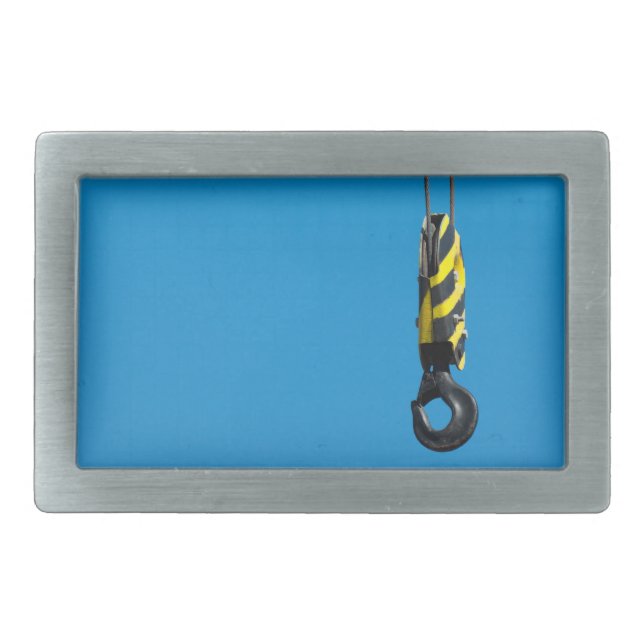 Crane hook with yellow and black stripes hanging rectangular belt buckle (Front)