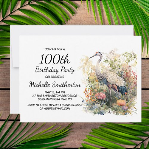 Crane Leaves Foliage Floral 100th Birthday Invitation