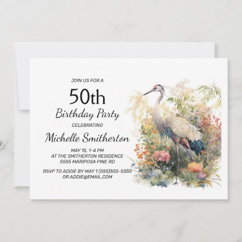 Crane Leaves Foliage Floral 50th Birthday Invitation