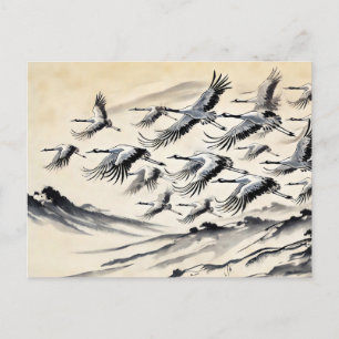 Crane Migration Over Mountains Chinese Ink Paintin Postcard