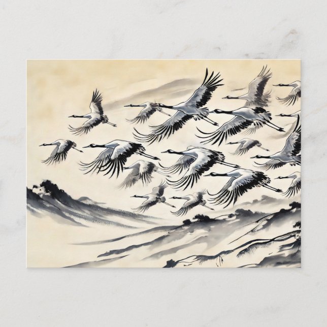Crane Migration Over Mountains Chinese Ink Paintin Postcard (Front)