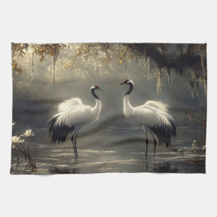 Crane Pair in a Misty Marsh Kitchen Towel