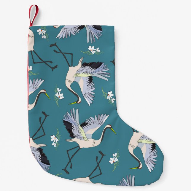 crane, pattern, illustration flying bird flower small christmas stocking (Front)