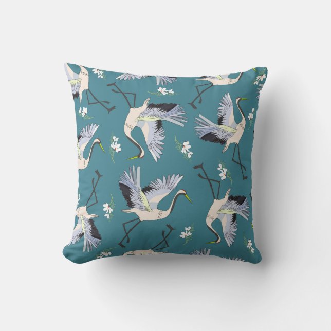 crane, pattern, illustration flying bird flower throw pillow (Front)