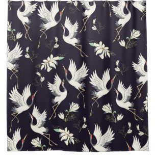 crane, pattern, vintage illustration flying bird f shower curtain
